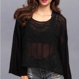 FREE PEOPLE Cropped Boho Blouse with Sheer Embroidered Front, Black, Size XS